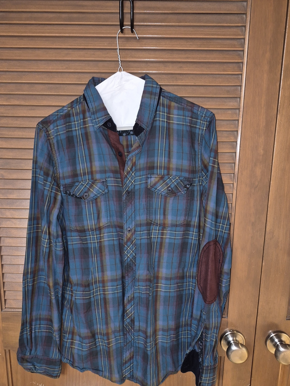 Men's Teal and Brown Plaid Long-Sleeve Button-Down Shirt